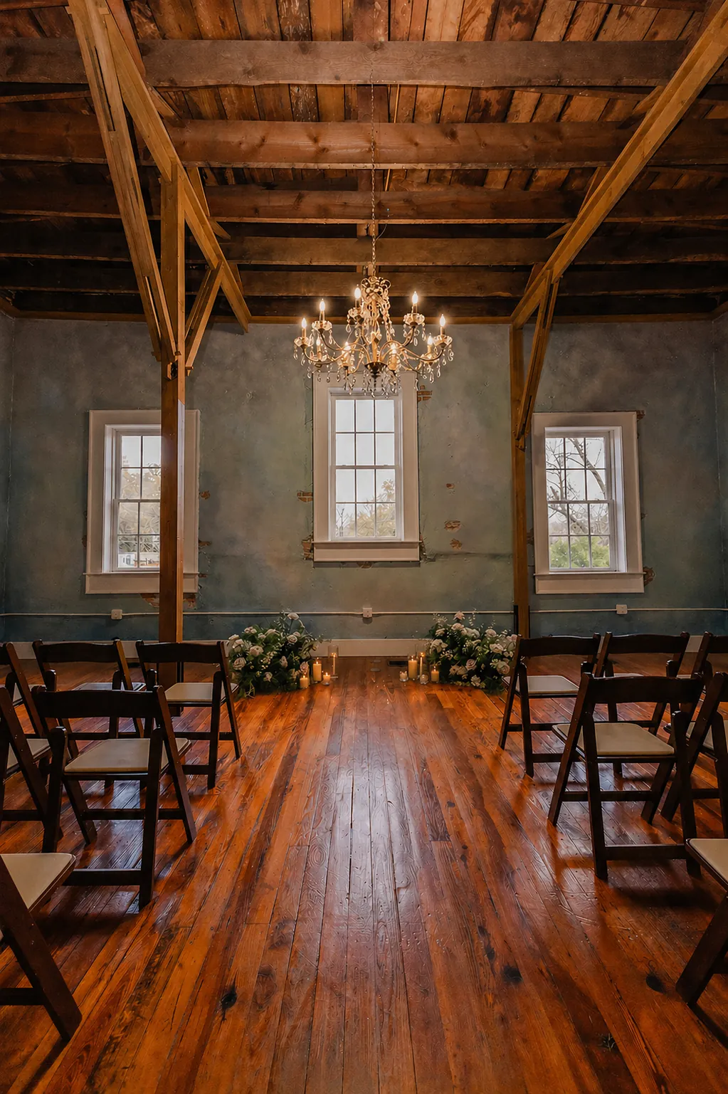 Wedding ceremony setup at Brick and Beam with floor floral arrangements, candles, and original wood floors